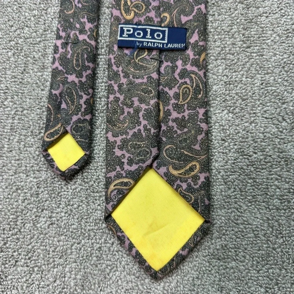 Polo Ralph Lauren Silk Tie Purple Olive Green Gold Paisley Wide Blade Vintage